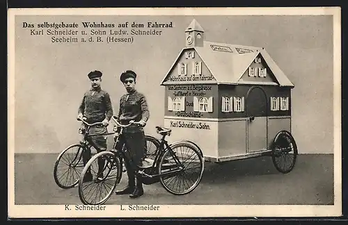 AK Seeheim, selbstgebautes Wohnhaus auf dem Rad, Karl Schneider und Sohn Ludw. Schneider
