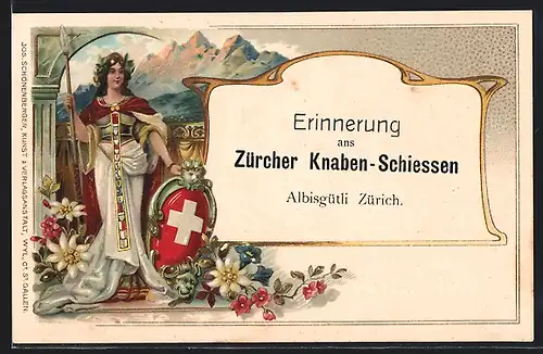 Lithographie Amriswil, 56. Thurgauisches Kantonalsängerfest 1907, Helvetia mit Wappenschild
