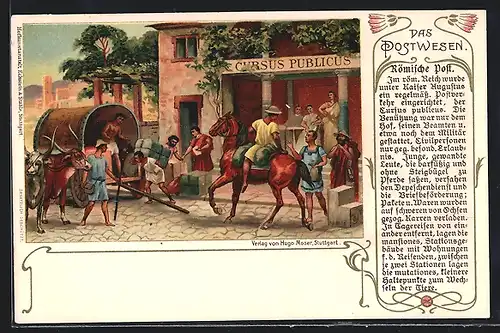 Lithographie Das Postwesen, Römische Post, Verladung von Paketen in Postkutsche im Römischen Reich