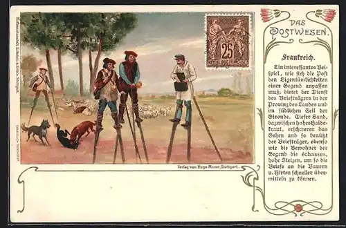AK Französiches Postboten bringen die Post auf hohen Stelzen durch das Land