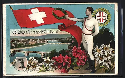 AK Basel, 56. Eidgen. Turnfest 1912, Schweizer Fahne, Turner mit Lorbeerkranz