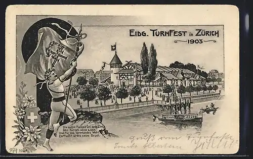 Lithographie Zürich, Eidgenössisches Turnfest 1903, Festhalle, Turner mit Fahne