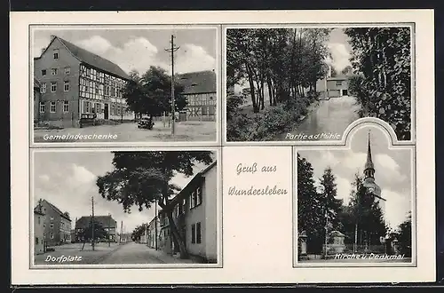 AK Wundersleben, Gasthaus Gemeindeschenke, Dorfplatz, Kirche & Denkmal