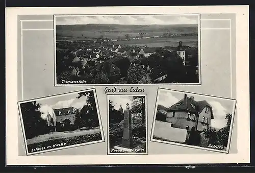 AK Eulau, Totalansicht, Schloss mit Kirche, Schule, Kriegerdenkmal