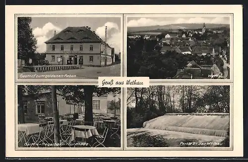 AK Wethau über Naumburg-Saale, Gasthof zum goldenen Raben, Garten-Kegelbahn-Turnhalle, Partie an der Wethau