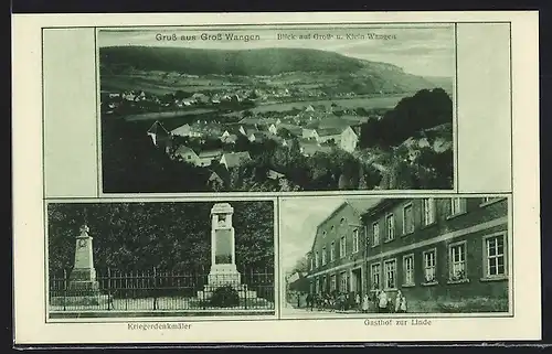 AK Gross Wangen, Gasthof zur Linden und Kriegerdenkmäler