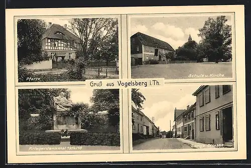 AK Vogelsberg, Kriegerdenkmal 1914 /18, Schule u. Kirche, Lange Strasse, Pfarre