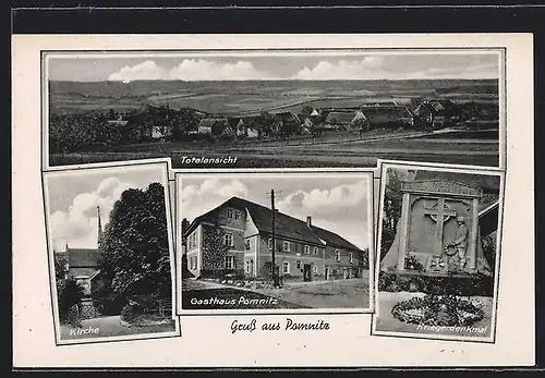 AK Pomnitz, Gasthaus, Totalansicht, Kirche