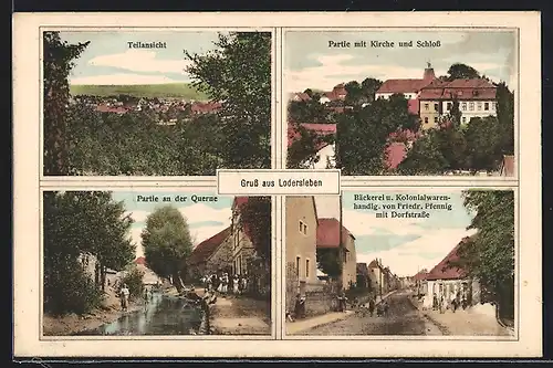 AK Lodersleben, Bäckerei und Kolonialwarenhandlung F. Pfennig mit Dorfstrasse, an der Querne