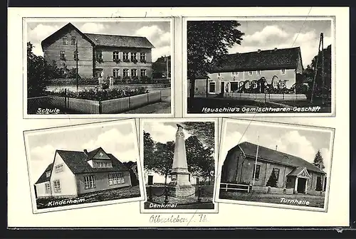 AK Olbersleben i. Th., Hauschild`s Gemischtwaren-Geschäft, Turnhalle, Schule