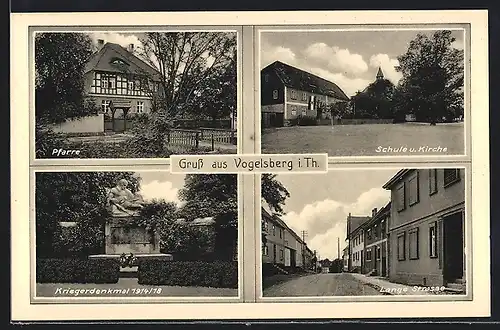 AK Vogelsberg, Kriegerdenkmal 1914 /18, Schule u. Kirche, Lange Strasse, Pfarre