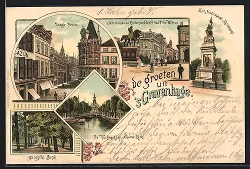 Lithographie `s Gravenhage, Lange Pooten, Haagsche Bosch, Noordeinde en Ruiterstandbeeld van Prins Willem I.