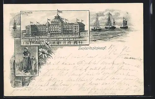 Lithographie Scheveningen, Kurhaus, Wasserpartie mit Segelschiffen, Frau in Tracht