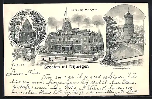 Lithographie Nijmegen, Hotel Kelzer Karel, Kronenburgerpark, Oude heidensche Kapel