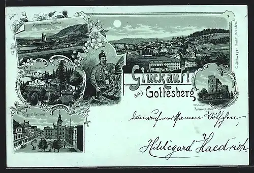 Mondschein-Lithographie Gottesberg, Victorgrube mit Gasanstalt, Hochwald Ruinenrestaurant, Ring mit Rathaus