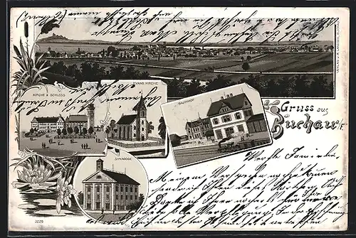 Lithographie Buchau a. F., Kirche & Schloss, Synagoge, Bahnhof