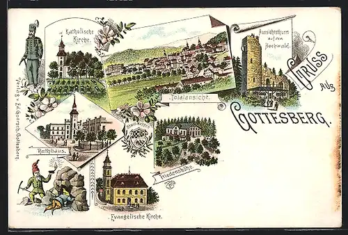 Lithographie Gottesberg, Aussichtsthurm auf dem Hochwald, Evangelische Kirche, Rathaus