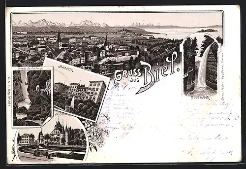 Vorläufer-Lithographie Biel, 1894, Maeolin, Nidau, Gorge de la Suze, Panorama