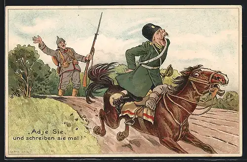 Künstler-AK Adieu sie, und schreiben sie mal!, russischer Kavallerist flüchtet vor deutschen Infanteristen