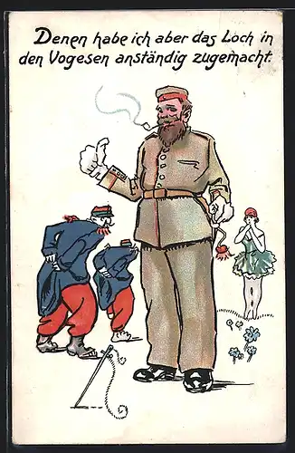 Künstler-AK Deutscher Soldat hat Franzosen den Hintern versohlt