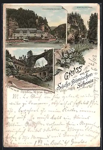 Vorläufer-Lithographie Herrnskretschen, 1894, Ortsansicht, Sächs.-Böhmische Schweiz, Prebischthor, Edmundklamm