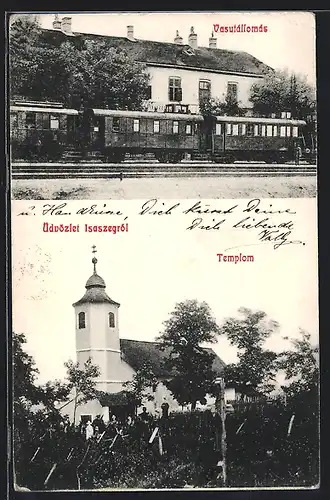 AK Isaszeg, Vasutallomas, Templom, Bahnhof