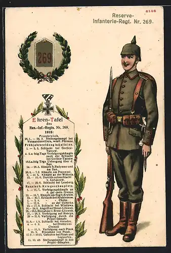 Künstler-AK Soldat des Reserve-Infanterie-Regiments Nr. 269, Ehren-Tafel des Regiments