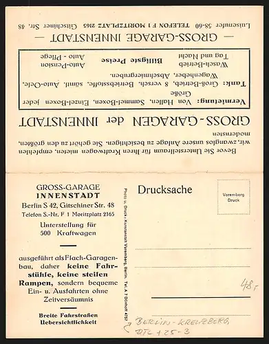 Klapp-AK Berlin-Kreuzberg, Gross-Garage Innenstadt, Gitschiner Str. 48, Gross-Tankstelle, Ein- und Ausfahrt