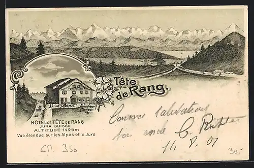 Lithographie Téte de Rang, Hotel de Téte de Rang, Jura, Vue etendue sur les Alpes et le Jura