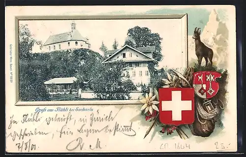 AK Flühli, Ortspartie mit Passepartoutrahmen Gams u. Wappen