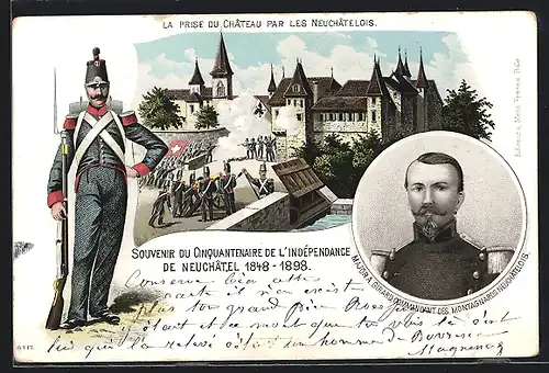 Lithographie Neuchatel, Souvenir du Cinquantenaire de L`Independance 1898, La Prise du Chateau par les Neuchatelois