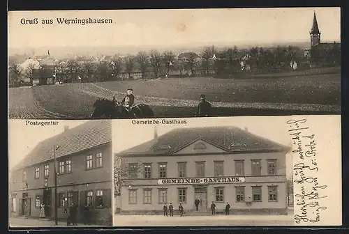 AK Werningshausen, Gemeinde-Gasthaus, Postagentur, Ortspartie mit Kirche