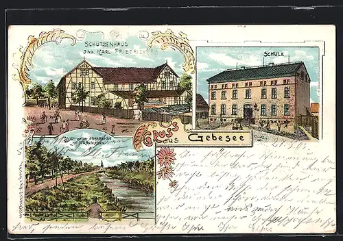 Lithographie Gebesee, Schützenhaus v. Karl Friedrich, Blick über die Gerabrücke, Schule