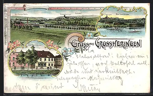 Lithographie Grossheringen, Neue Saal-Brücke, Ortsansicht mit Dürr-Gemüse-Fabrik, Kauf. Baumgarten