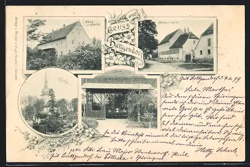 AK Battgendorf, Haus vom Garten, Kirche, Zelt
