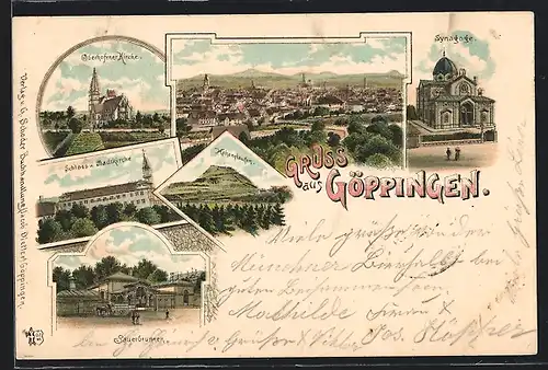 Lithographie Göppingen, Schloss und Stadtkirche, Oberhofener Kirche, Synagoge