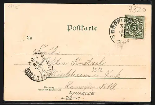 Lithographie Göppingen, Schloss und Stadtkirche, Oberhofener Kirche, Synagoge