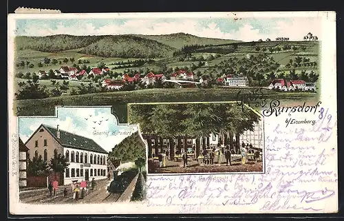 Lithographie Kursdorf b. Eisenberg, Gasthof Kursdorf, Gartenansicht, Ortsansicht