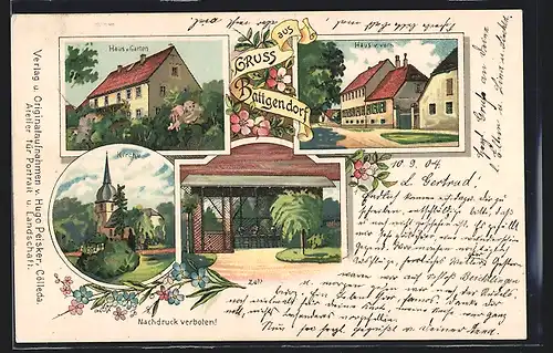 Lithographie Battgendorf, Kirche, Zelt, Haus v. Garten
