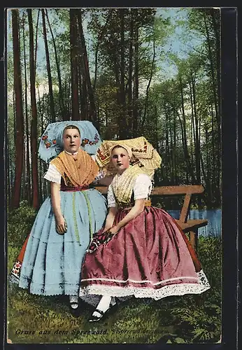 AK Zwei junge Spreewälderinnen in traditioneller Trachtenkleidung