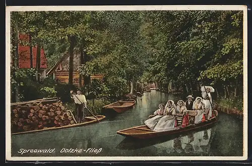 AK Spreewälder in Tracht am Dolzke-Fliess