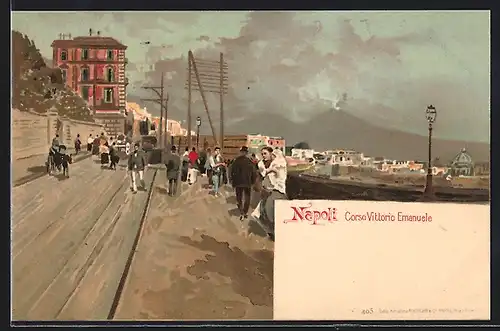 Künstler-AK Napoli, Corso Vittorio Emanuele und Vesuv