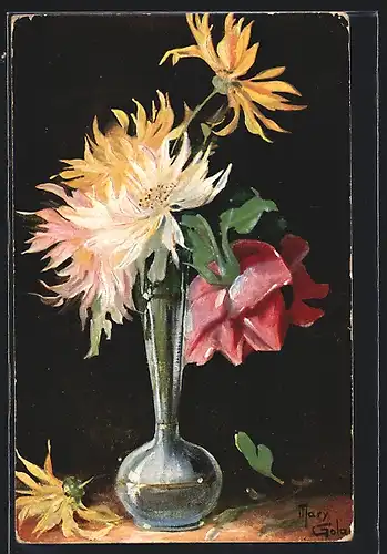 Künstler-AK Mary Golay: Schön blühende Blumen in einer Glasvase