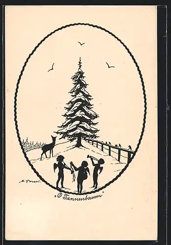 Künstler-AK Elsbeth Forck: O Tannenbaum, Weihnachtsengel musizieren vor einer schneebedeckten Tanne