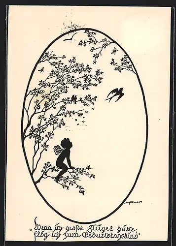 Künstler-AK Elsbeth Forck: Wenn ich grosse Flügel hätte, flög'ich zum Geburtstagskind, Fee sitzt auf einem Ast