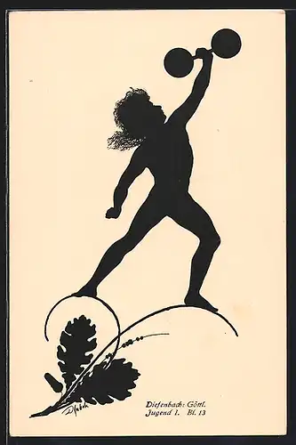 Künstler-AK Diefenbach: Schattenbild Göttl. Jugend I. BL 13, Knabe mit Gewicht auf einer Blume