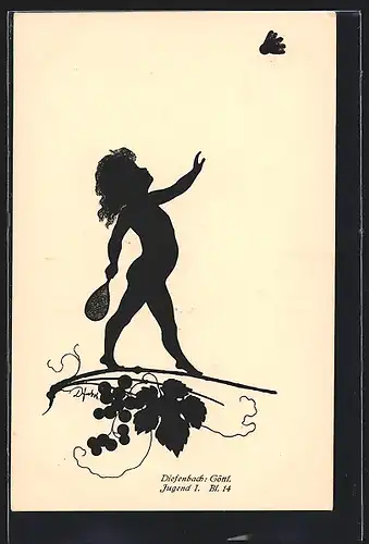 Künstler-AK Diefenbach: Schattenbild, Kind beim Federball-Spiel