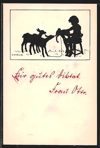 Künstler-AK Carus: Kind mit Spielzeug und zwei Lämmern, Schattenbild