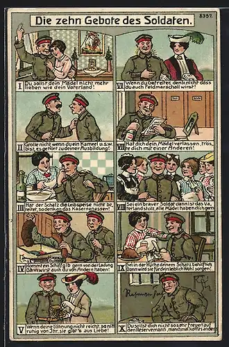 AK Soldatenhumor, bildliche Darstellung der 10 Gebote eines Soldaten