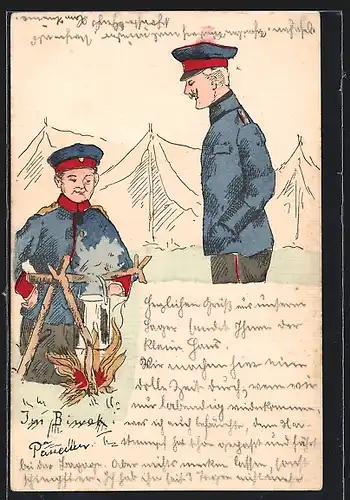 AK Im Biwak, zwei Soldaten kochen Suppe an der Feuerstelle